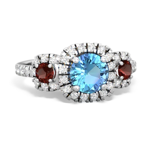 blue topaz-garnet three stone regal ring