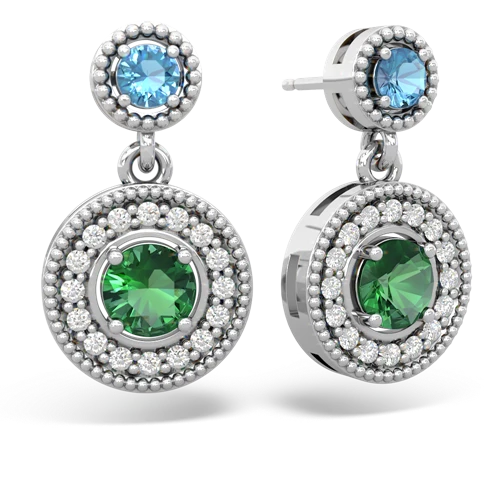 blue topaz-lab emerald halo earrings