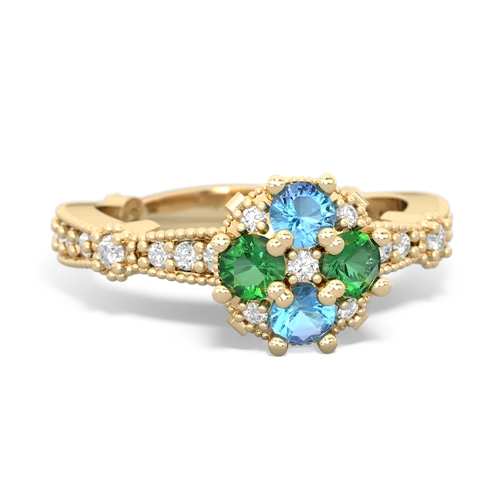 blue topaz-lab emerald art deco engagement ring