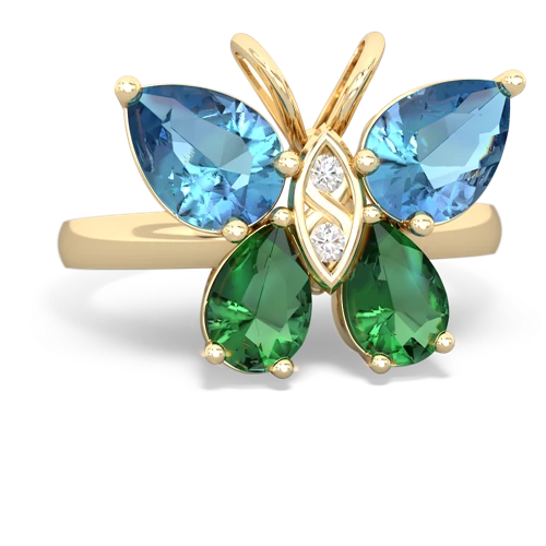 blue topaz-lab emerald butterfly ring