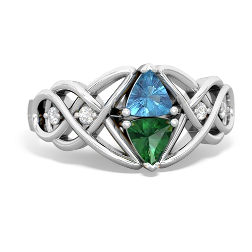 blue topaz-lab emerald celtic knot ring