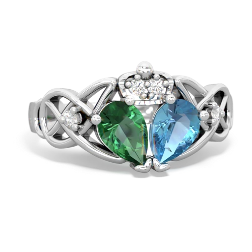 blue topaz-lab emerald claddagh ring