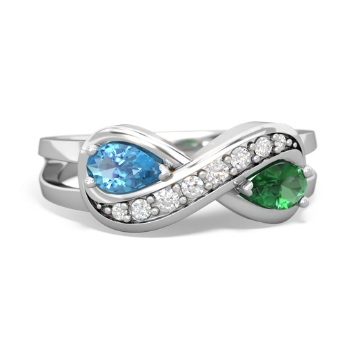 blue topaz-lab emerald diamond infinity ring