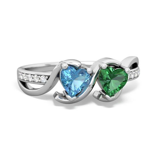 blue topaz-lab emerald double heart ring