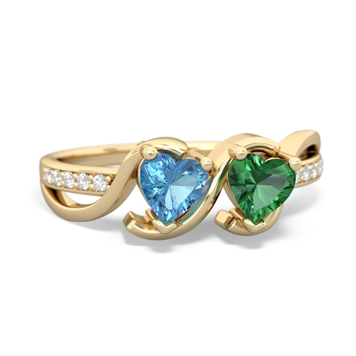 blue topaz-lab emerald double heart ring