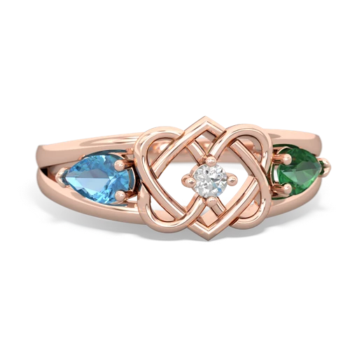 blue topaz-lab emerald double heart ring