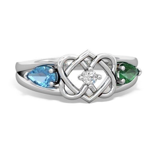 blue topaz-lab emerald double heart ring