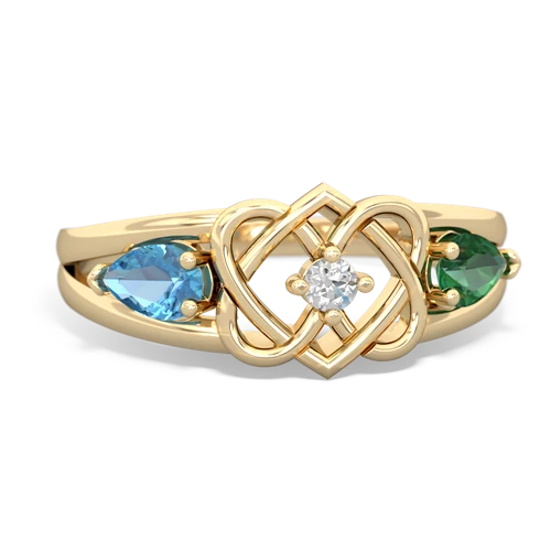 blue topaz-lab emerald double heart ring