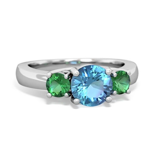 Blue Topaz Genuine Swiss Blue Topaz with Lab Created Emerald and Genuine Pink Tourmaline Three Stone Trellis ring Ring