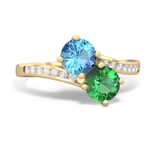 blue topaz-lab emerald two stone channel ring