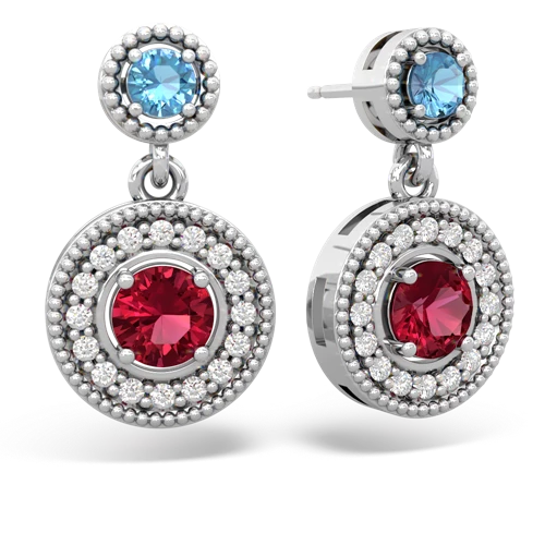 blue topaz-lab ruby halo earrings