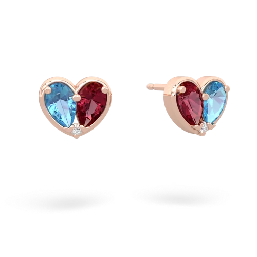 blue topaz-lab ruby one heart earrings