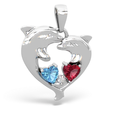 blue topaz-lab ruby dolphins pendant