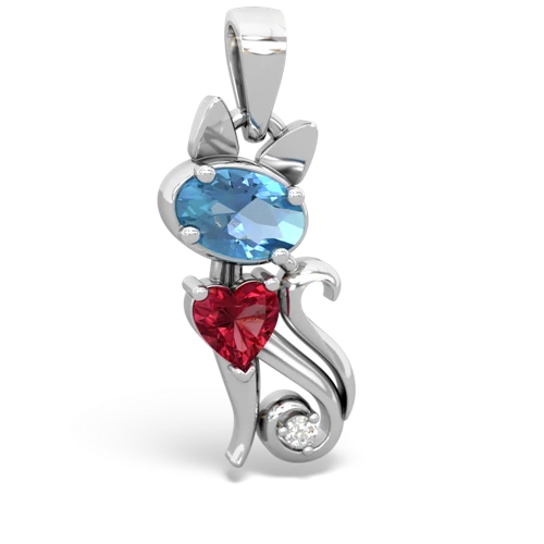 blue topaz-lab ruby kitten pendant