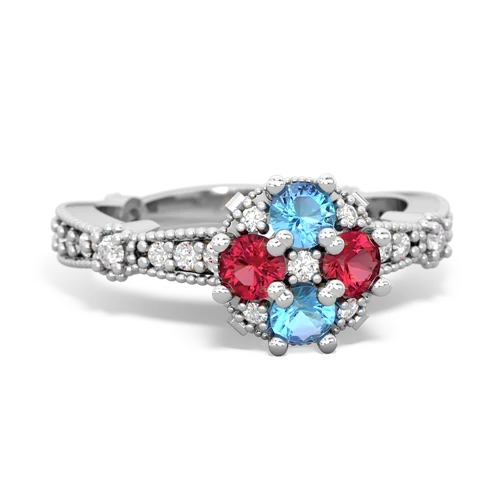 blue topaz-lab ruby art deco engagement ring