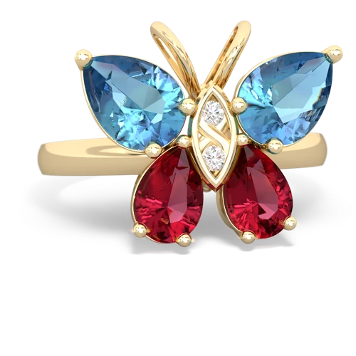 blue topaz-lab ruby butterfly ring
