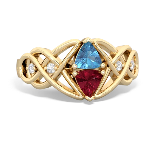 blue topaz-lab ruby celtic knot ring