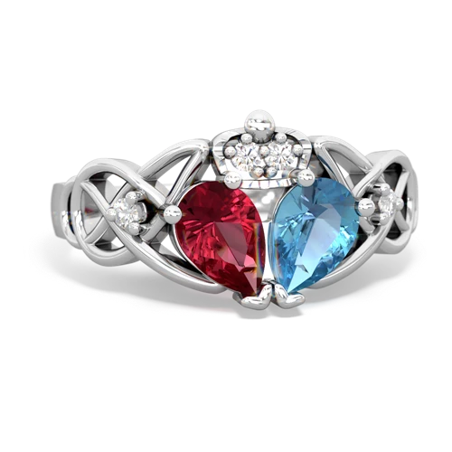 Blue Topaz Genuine Swiss Blue Topaz with Lab Created Ruby Two Stone Claddagh ring Ring