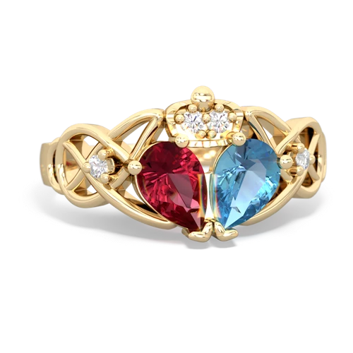 blue topaz-lab ruby claddagh ring