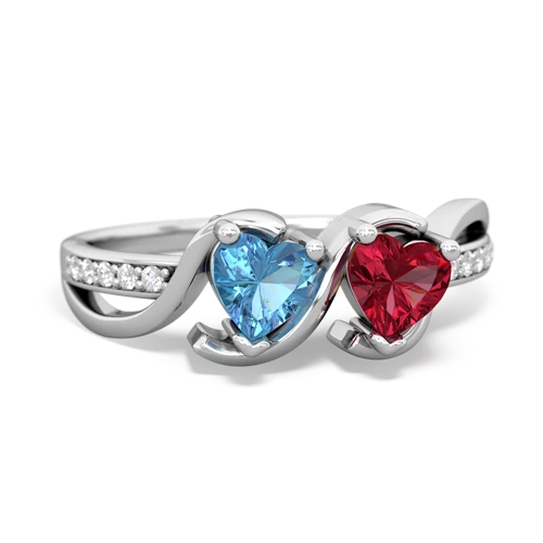 blue topaz-lab ruby double heart ring
