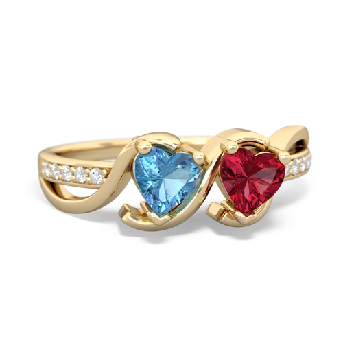 blue topaz-lab ruby double heart ring