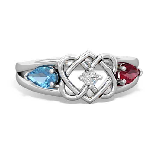 Blue Topaz Genuine Swiss Blue Topaz with Lab Created Ruby Hearts Intertwined ring Ring