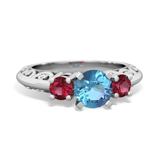 blue topaz-lab ruby engagement ring