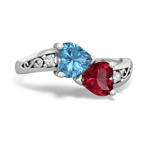 Blue Topaz Genuine Swiss Blue Topaz with Lab Created Ruby Snuggling Hearts ring Ring