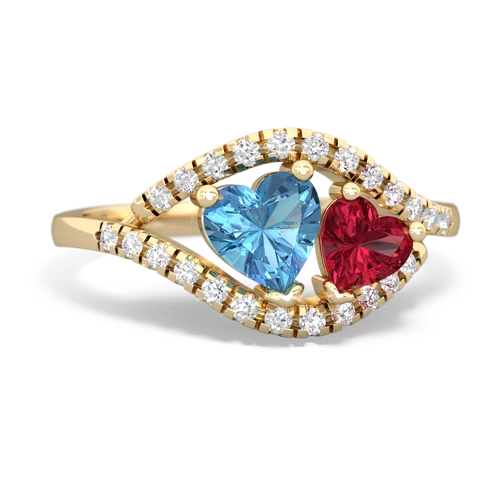 blue topaz-lab ruby mother child ring