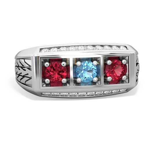 blue topaz-lab ruby three stone ring