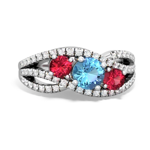 blue topaz-lab ruby three stone pave ring