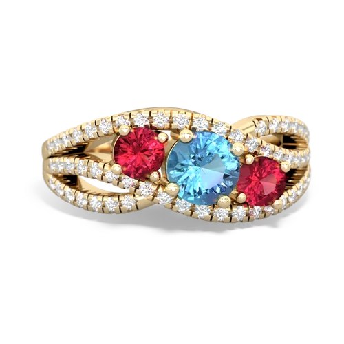 blue topaz-lab ruby three stone pave ring