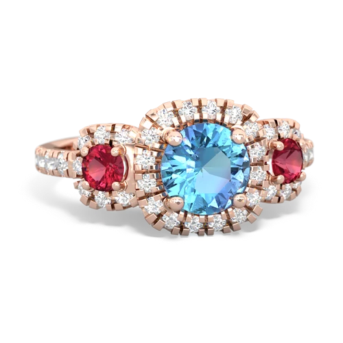 blue topaz-lab ruby three stone regal ring