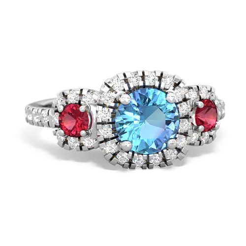 blue topaz-lab ruby three stone regal ring