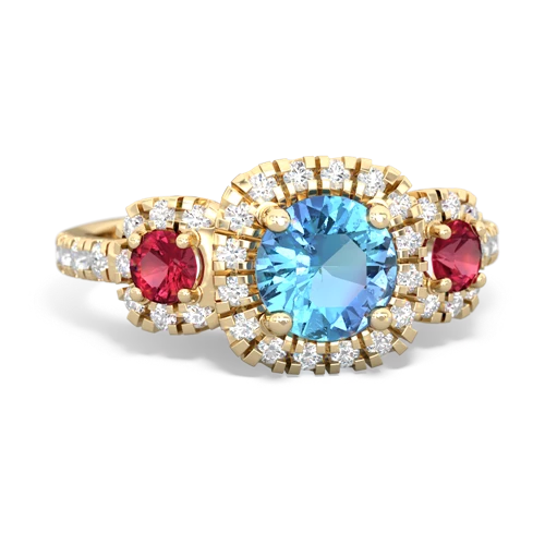 blue topaz-lab ruby three stone regal ring