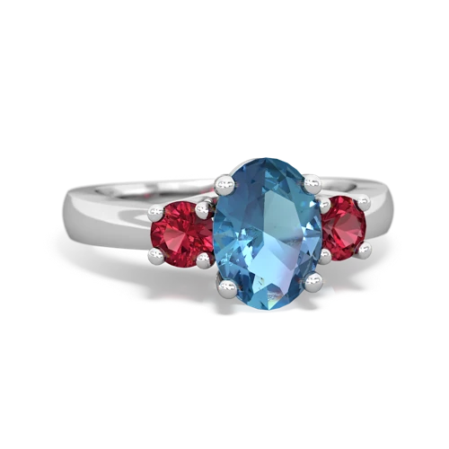 Blue Topaz Genuine Swiss Blue Topaz with Lab Created Ruby Three Stone Trellis ring Ring