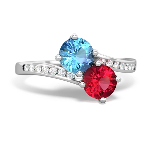 blue topaz-lab ruby two stone channel ring