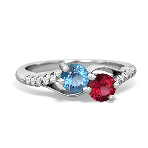 blue topaz-lab ruby two stone infinity ring