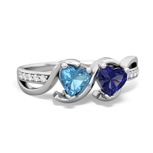 blue topaz-lab sapphire double heart ring