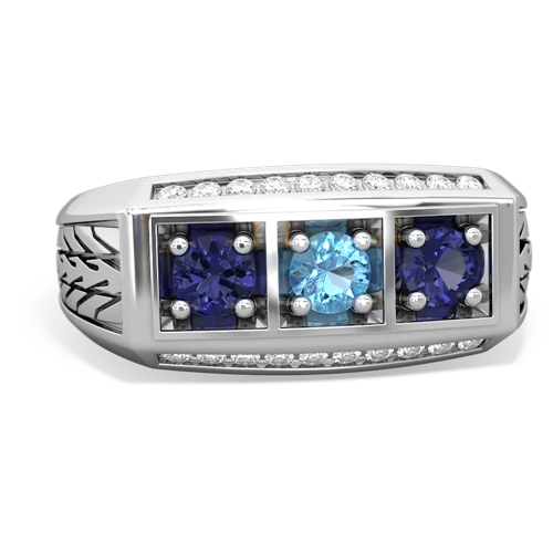 blue topaz-lab sapphire three stone ring