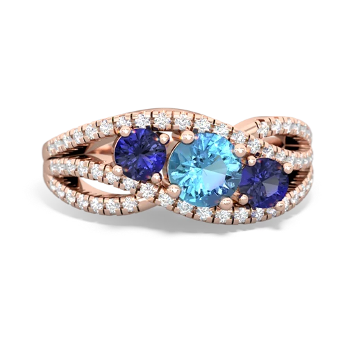 blue topaz-lab sapphire three stone pave ring