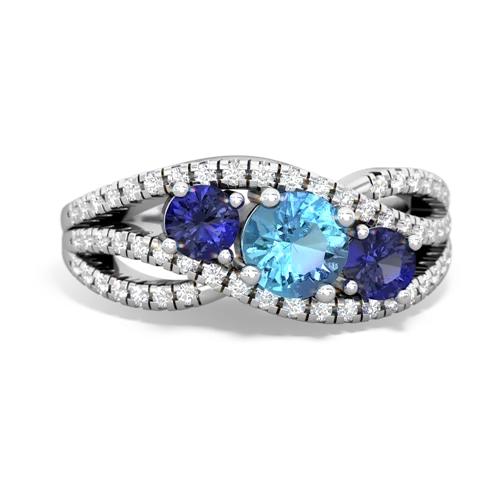 blue topaz-lab sapphire three stone pave ring