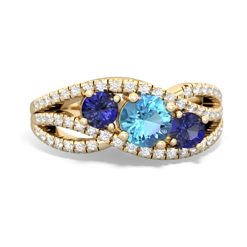 blue topaz-lab sapphire three stone pave ring