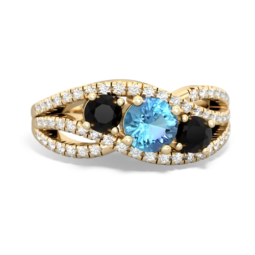 blue topaz-onyx three stone pave ring