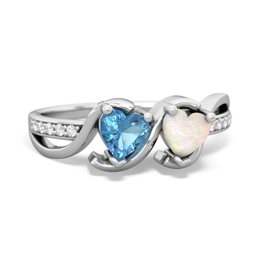 blue topaz-opal double heart ring