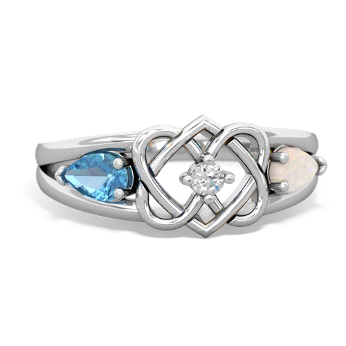 blue topaz-opal double heart ring