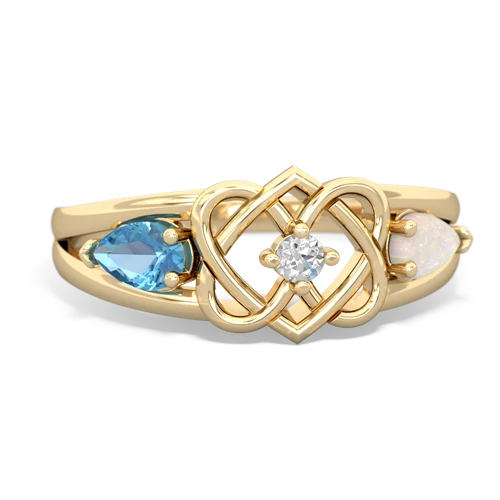 blue topaz-opal double heart ring