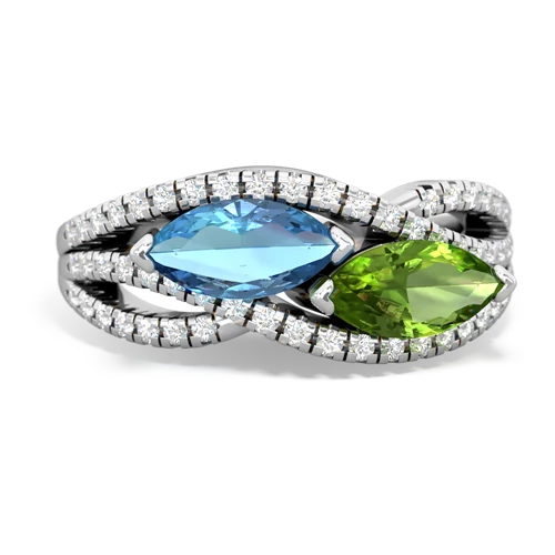 blue topaz-peridot double heart ring