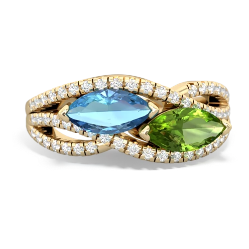 blue topaz-peridot double heart ring