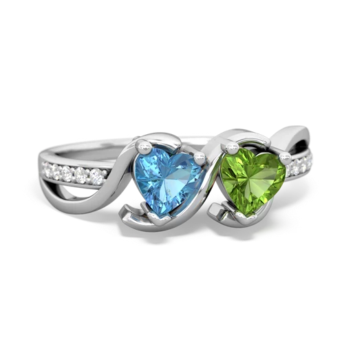 blue topaz-peridot double heart ring